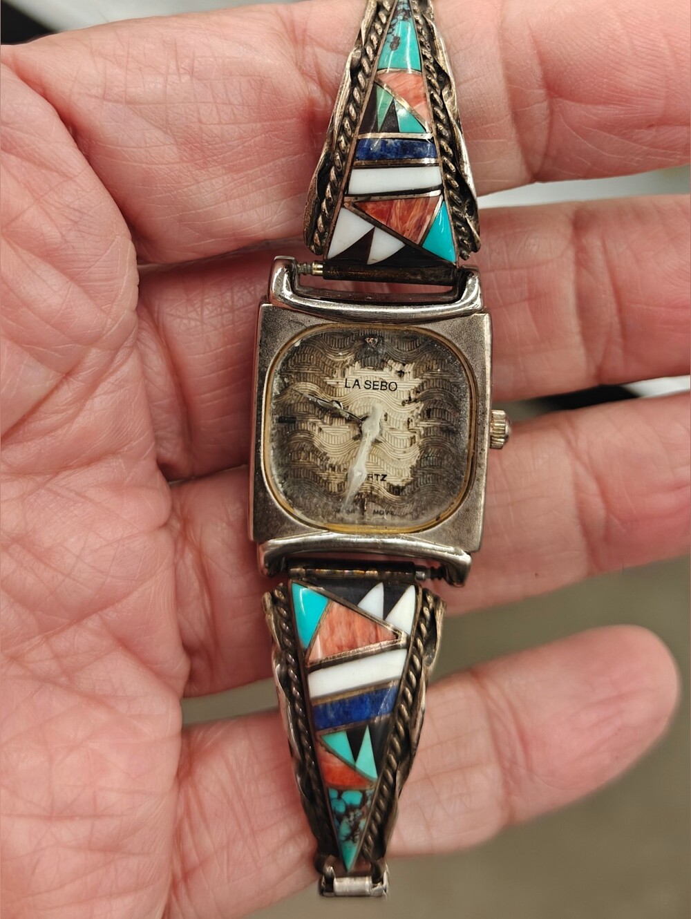 Vintage Zuni artist sterling silver watch tips with genuine stones inlay